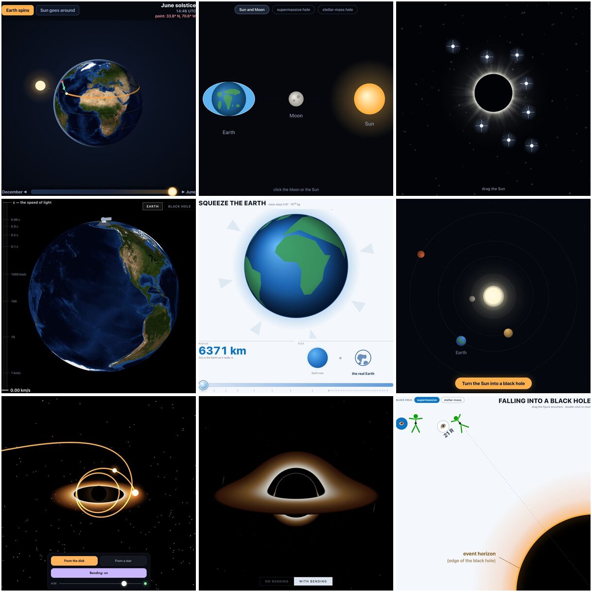 Grid of interactive astronomy demo screenshots