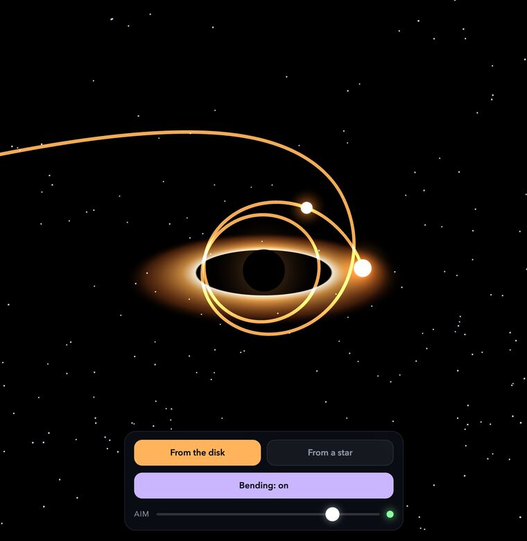 Light rays curving around a black hole
